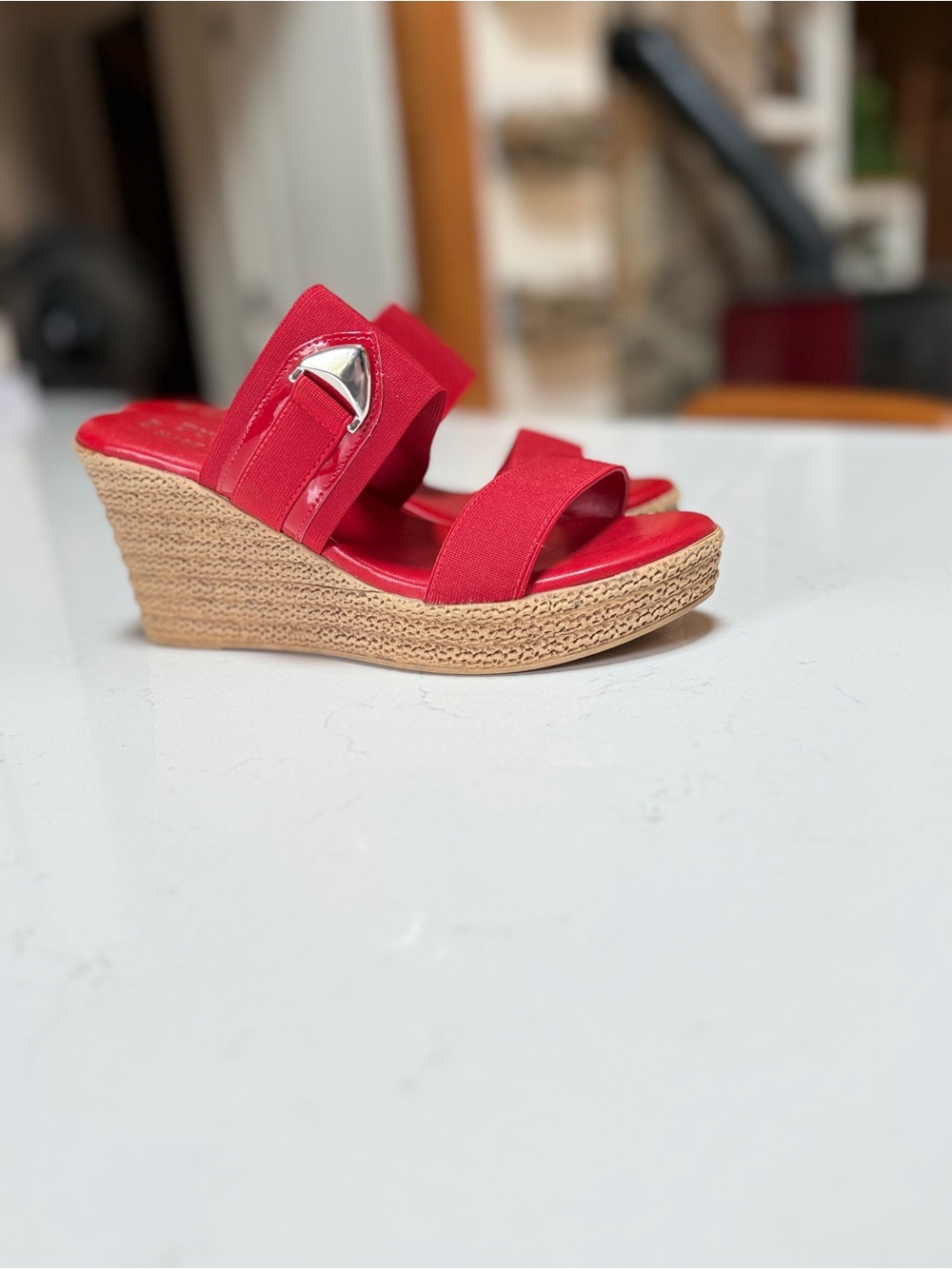easy street Red Elastic Strap Wedge Sandals with Jute Platform